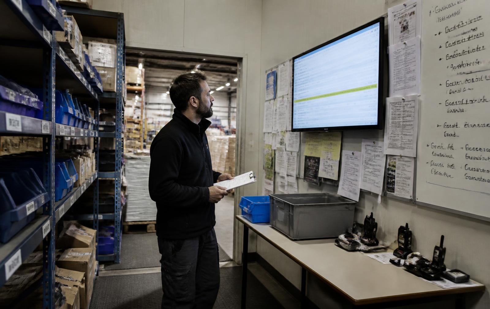 A warehouse team member checking a job schedule on a screen beside racking and labelled stock bins